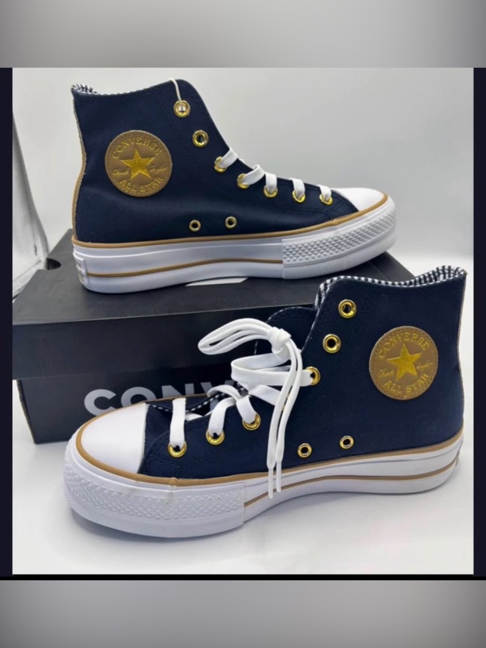 Converse Women's Navy and Gold High-Top Sneakers